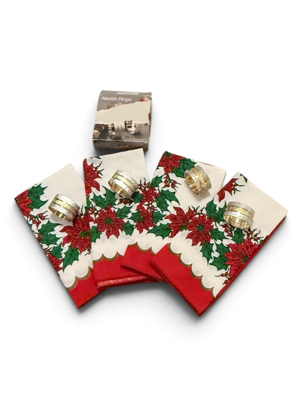 Vintage Poinsettia Holiday Cloth Napkins with NIB Napkin Rings in Gold & Silver